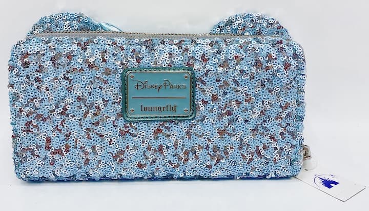 Loungefly Disney Parks Arendelle Aqua Wallet Frozen Blue Sequin Purse Back Standing