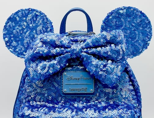 Loungefly Disney Parks Blue Hydrangea Sequin Mini Backpack Bag Front Bow And Ears