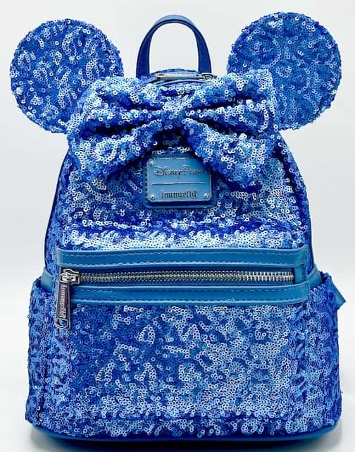 Loungefly Disney Parks Blue Hydrangea Sequin Mini Backpack Bag Front Full View