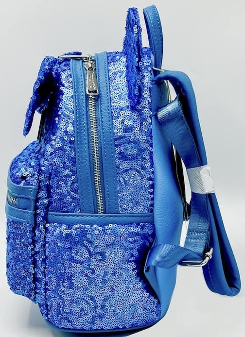 Loungefly Disney Parks Blue Hydrangea Sequin Mini Backpack Bag Left Side