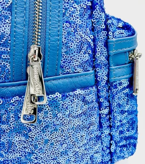 Loungefly Disney Parks Blue Hydrangea Sequin Mini Backpack Bag Zips