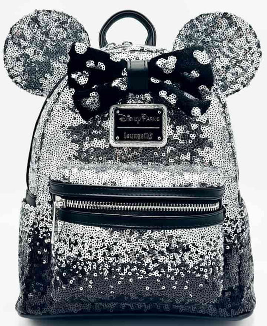 Loungefly Disney Parks Minnie Mouse Black Silver Sequin Mini Backpack Front Full View