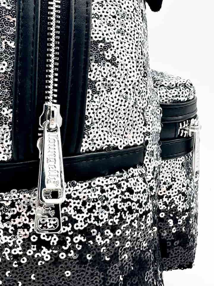 Loungefly Disney Parks Minnie Mouse Black Silver Sequin Mini Backpack Zips