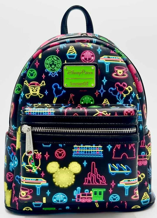 Loungefly Disney Parks Neon Mini Backpack Park Life Attraction Icons Front Full Size
