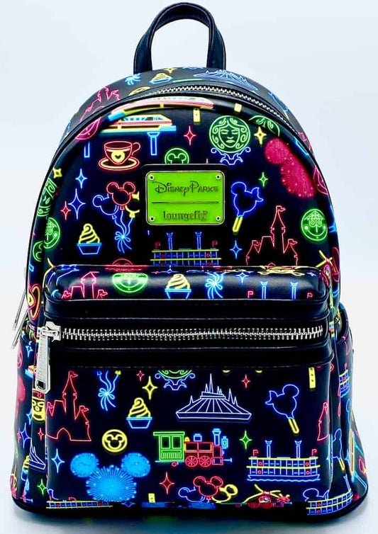 Loungefly Disney Parks Neon Mini Backpack Park Life Attraction Icons Front Full View