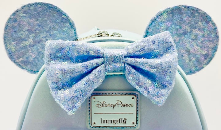 Loungefly Disney Parks Winter Blue Sequin Mini Backpack Bag Front Bow And Ears