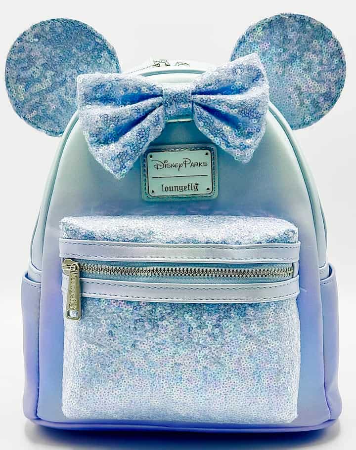 Loungefly Disney Parks Winter Blue Sequin Mini Backpack Bag Front Full View