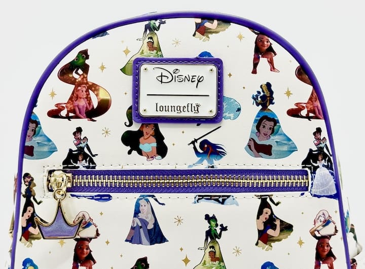 Loungefly Disney Princess Dress Mini Backpack AOP Scenes Bag Front Enamel Logo