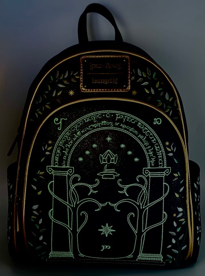 Loungefly Doors of Durin Mini Backpack Lord of the Rings Bag Front Full View Glow In The Dark Effect