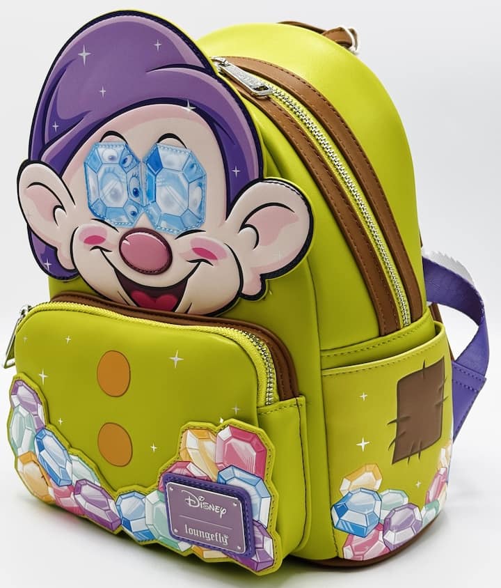 Loungefly Dopey Diamond Gemstone Mini Backpack Snow White Bag Front Full View Lenticular Left