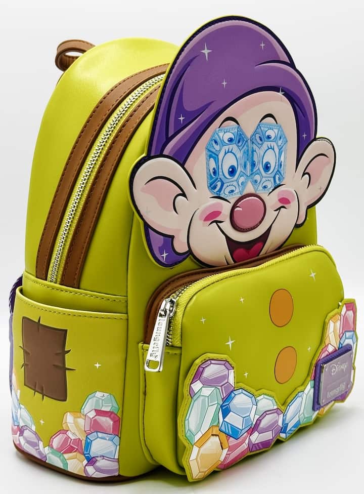 Loungefly Dopey Diamond Gemstone Mini Backpack Snow White Bag Front Full View Lenticular Right