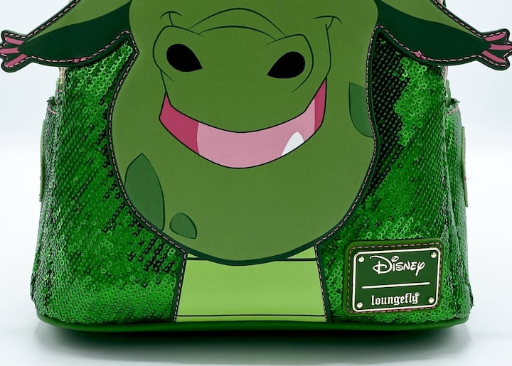 Loungefly Elliot Sequin Mini Backpack Disney Pete's Dragon Bag Front Face Applique Bottom Close Up