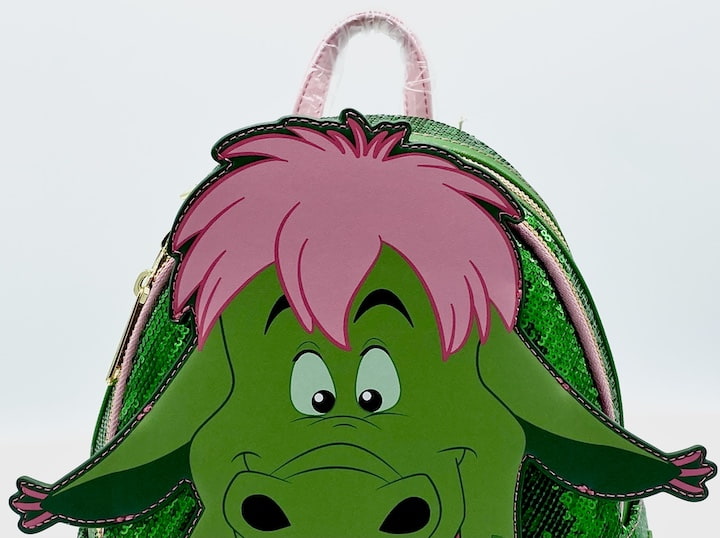 Loungefly Elliot Sequin Mini Backpack Disney Pete's Dragon Bag Front Face Applique Top Close Up
