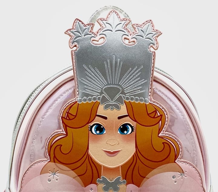 Loungefly Glinda Sequin Mini Backpack Good Witch Wizard of Oz Bag Front Face And Crown Appliques
