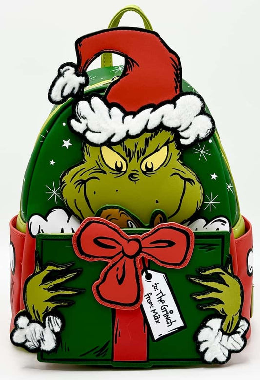 Loungefly Grinch Max Christmas Present Mini Backpack Dr Seuss Bag Front Full View With No Applique