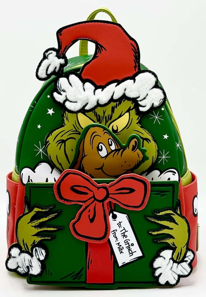 Loungefly Grinch Max Christmas Present Mini Backpack Dr Seuss Bag Front Full View With Applique