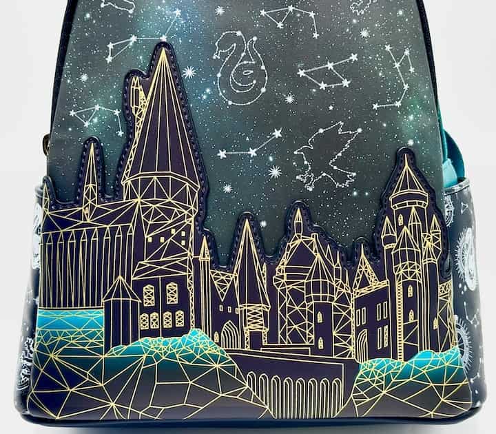 Loungefly Hogwarts Constellations Mini Backpack Harry Potter Glow Bag Front Castle Close Up