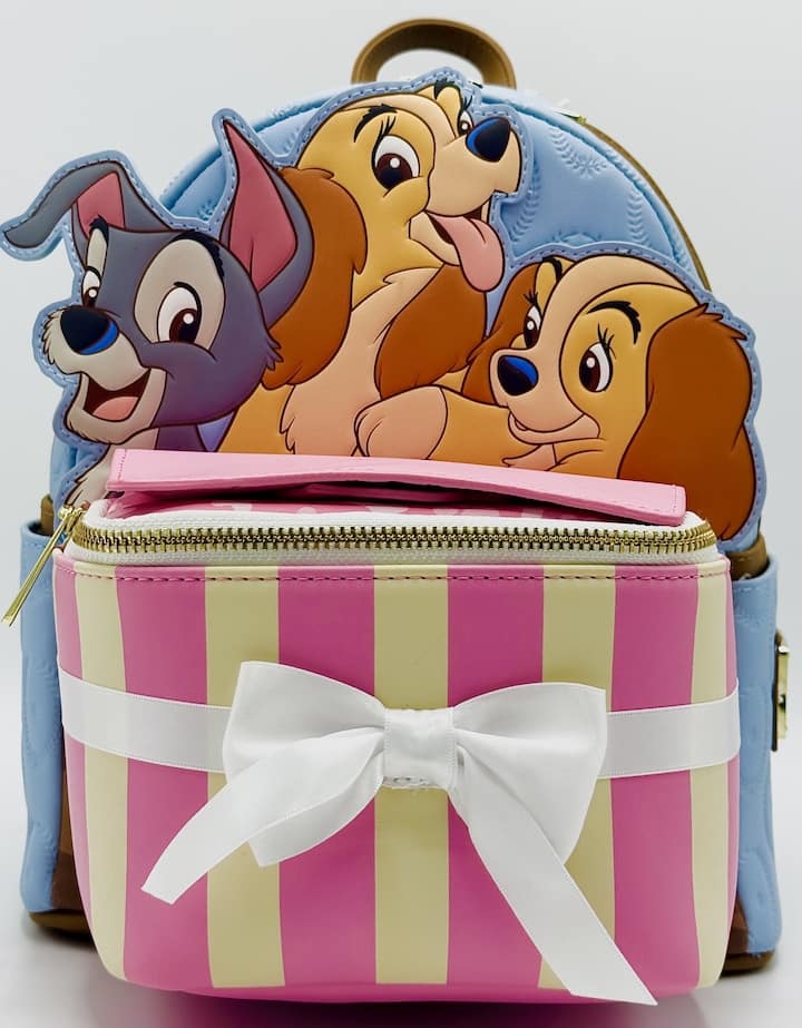 Loungefly Lady and the Tramp Present Mini Backpack Pop Up Puppies Bag Front Full View Closed
