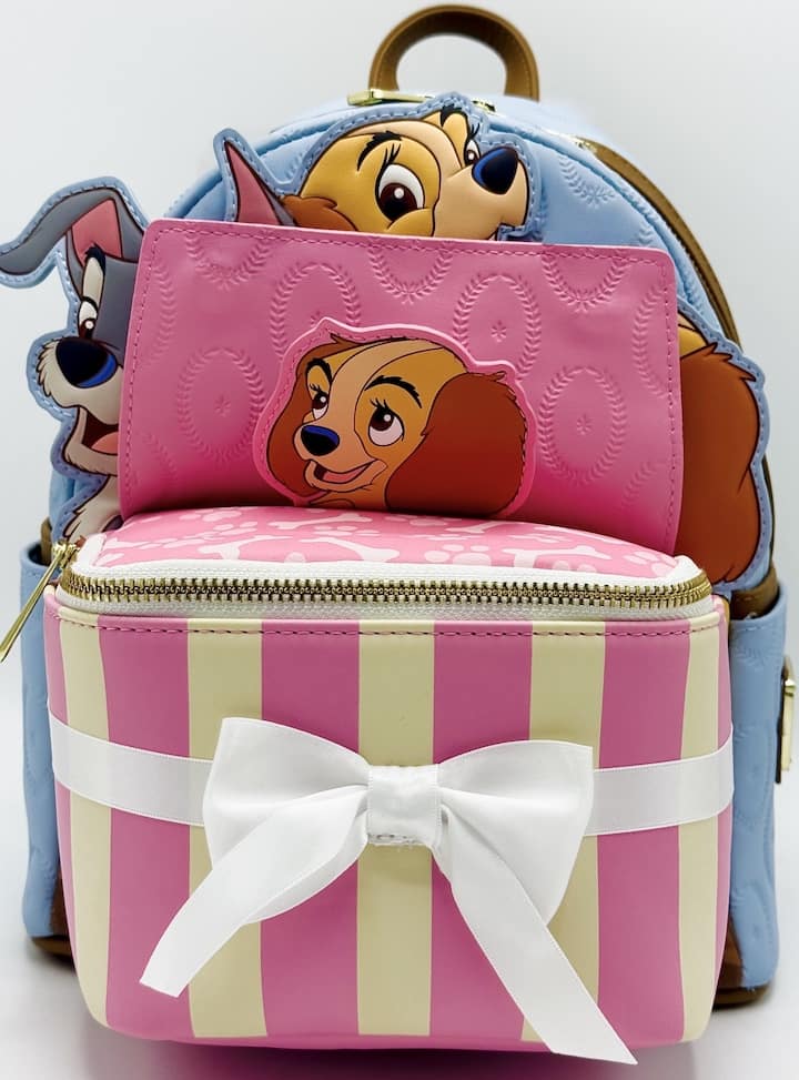 Loungefly Lady and the Tramp Present Mini Backpack Pop Up Puppies Bag Front Full View Open