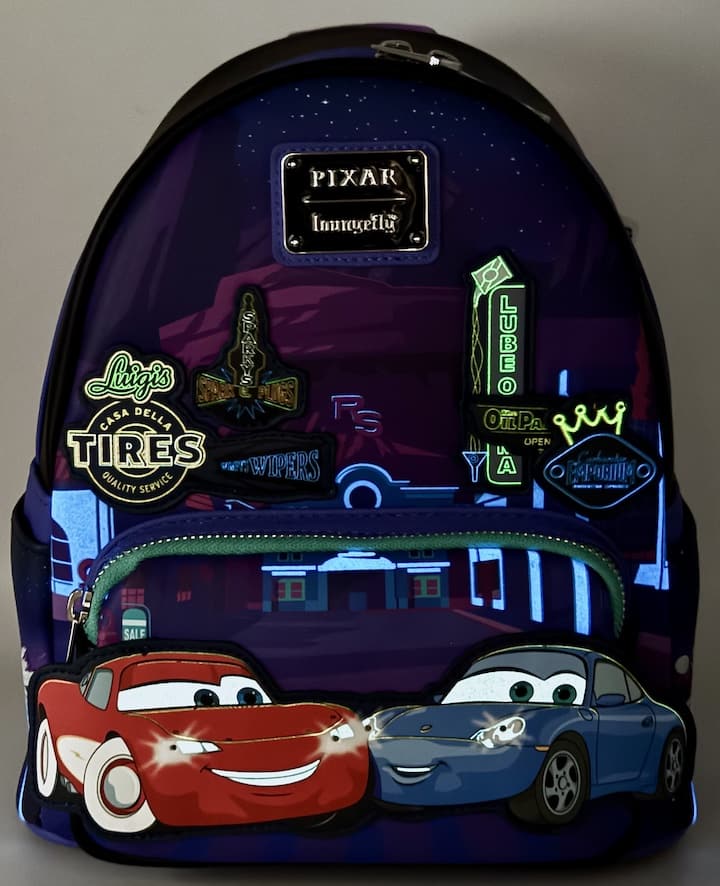 Loungefly Lightning McQueen Sally Night Mini Backpack Light Up Bag Front Full View Glow In The Dark Effect