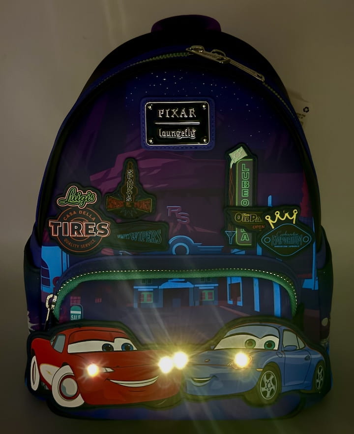 Loungefly Lightning McQueen Sally Night Mini Backpack Light Up Bag Front Full View Light Up Effect