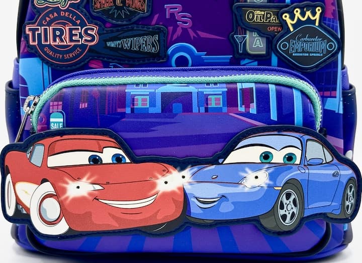 Loungefly Lightning McQueen Sally Night Mini Backpack Light Up Bag Front Pocket