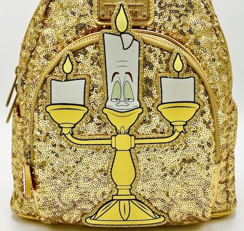 Loungefly Lumiere Sequin Mini Backpack Disney Beauty and the Beast Bag Front Candlestick Applique