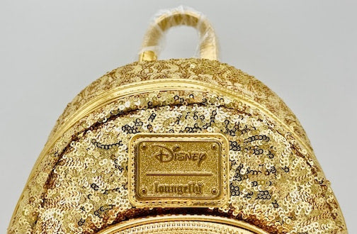 Loungefly Lumiere Sequin Mini Backpack Disney Beauty and the Beast Bag Front Enamel Logo