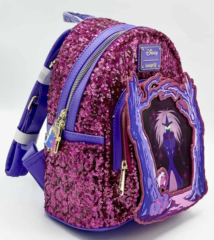 Loungefly Madam Mim Sequin Lenticular Mini Backpack Disney Bag Front Right Side Effect