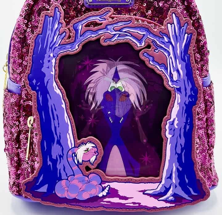 Loungefly Madam Mim Sequin Lenticular Mini Backpack Disney Bag Front Straight On Effect