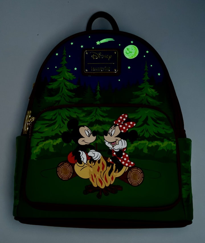 Loungefly Mickey Minnie Mouse Camping Mini Backpack Disney Bag Glow In The Dark Effect