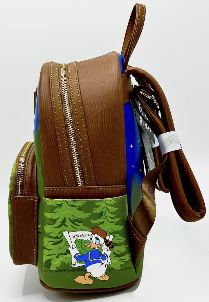 Loungefly Mickey Minnie Mouse Camping Mini Backpack Disney Bag Left Side Donald Duck Artwork