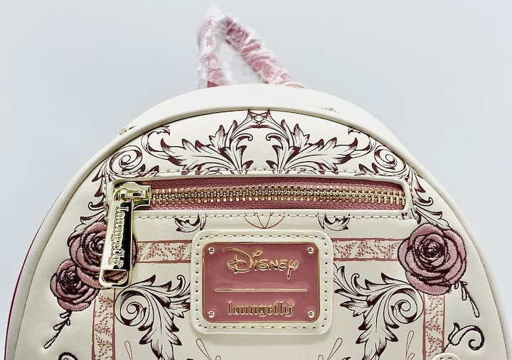 Loungefly Mickey and Minnie Mouse Forever Mini Backpack Floral Bag Front Enamel Logo