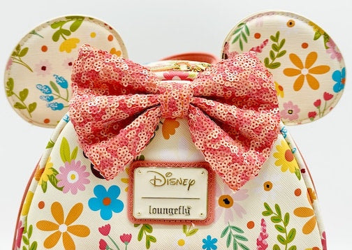 Loungefly Minnie Mouse Floral Sequin Mini Backpack Disney Spring Bag Front Bow