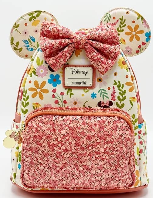 Loungefly Minnie Mouse Floral Sequin Mini Backpack Disney Spring Bag Front Full View