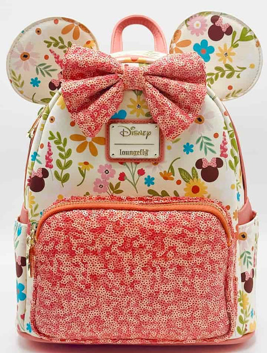 Loungefly Minnie Mouse Floral Sequin Mini Backpack Disney Spring Bag Front Full View
