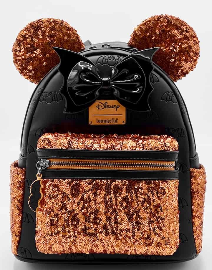 Loungefly Minnie Mouse Halloween Sequin Mini Backpack Disney Bat Bag Front Full View