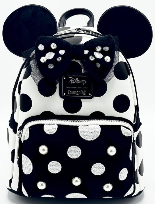 Loungefly Minnie Mouse Polka Dot Pearl Mini Backpack Disney Bag Front Full View