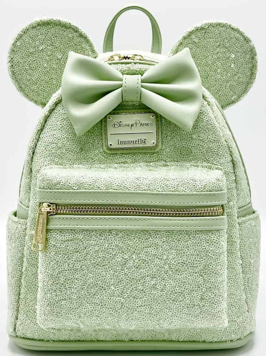 Loungefly Mint Green Sequin Mini Backpack Minnie Mouse Disney Parks Front Full View