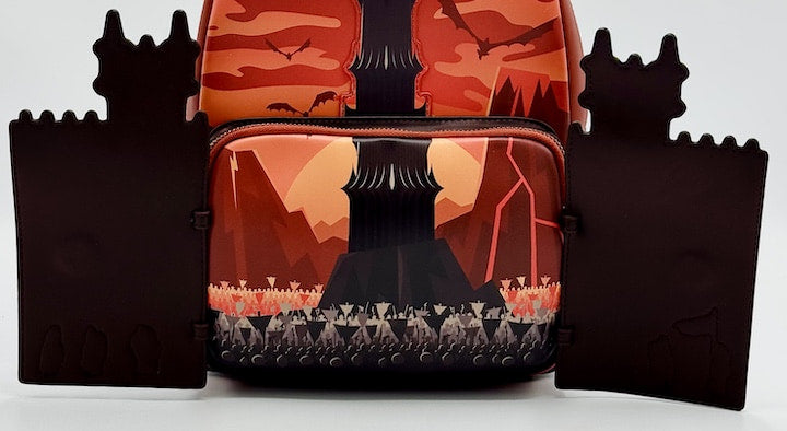 Loungefly Mordor Black Gates Mini Backpack Lord of the Rings Bag Front Bottom Open