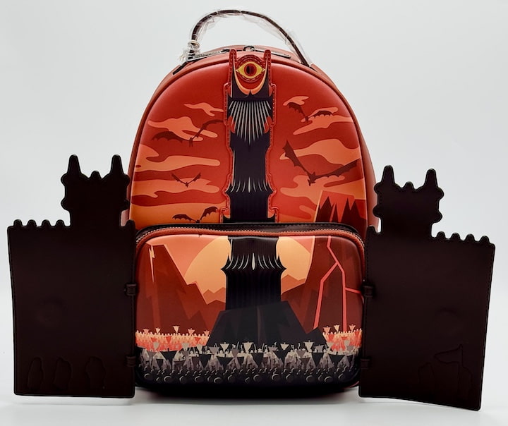 Loungefly Mordor Black Gates Mini Backpack Lord of the Rings Bag Front Full View Open