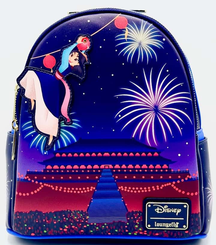 Loungefly Mulan Fireworks Mini Backpack Disney Glow in the Dark Bag Front Full View Left Position