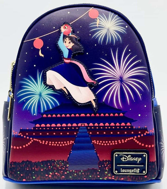 Loungefly Mulan Fireworks Mini Backpack Disney Glow in the Dark Bag Front Full View Middle Position