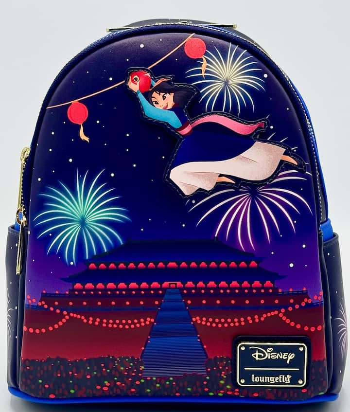 Loungefly Mulan Fireworks Mini Backpack Disney Glow in the Dark Bag Front Full View Right Position