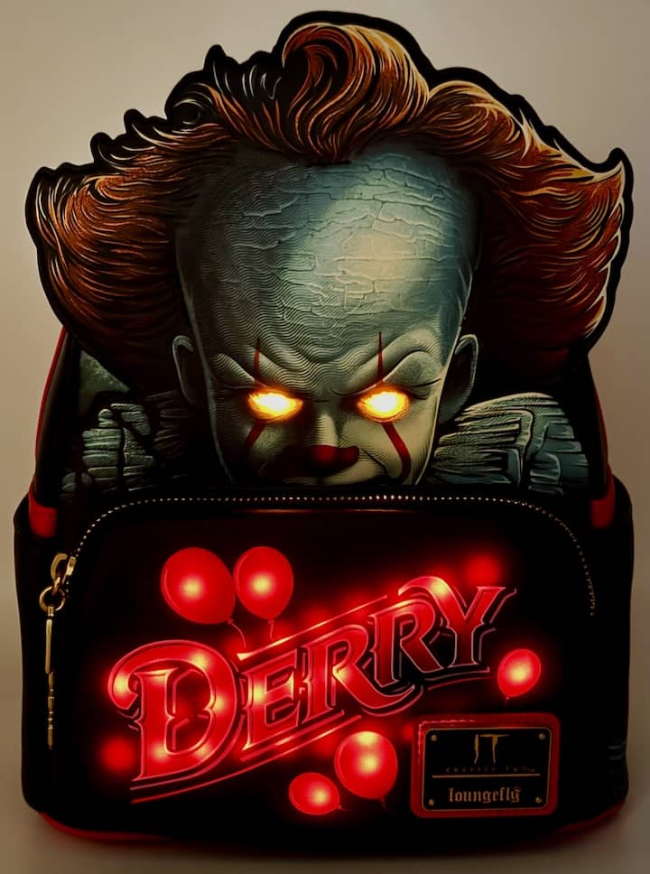 Loungefly Pennywise Derry Mini Backpack IT Light Up Cosplay Bag Front Full View Light Up