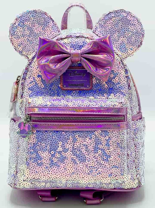 Loungefly Planet Minnie Mouse Mini Backpack Disney Sequin Bag Front Full View