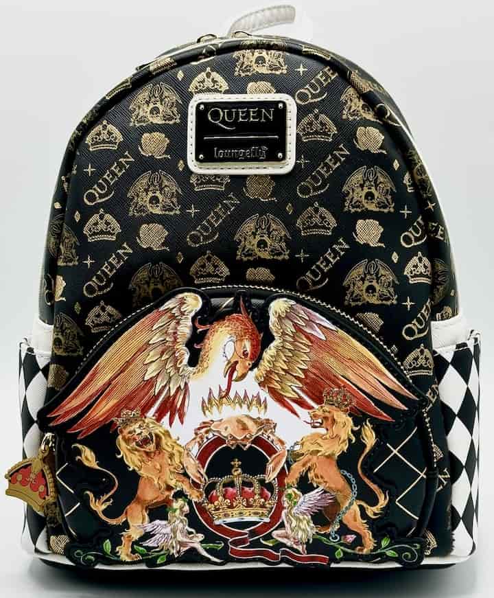 Loungefly Queen Mini Backpack Rock Band Logo Crest Bag Front Full View