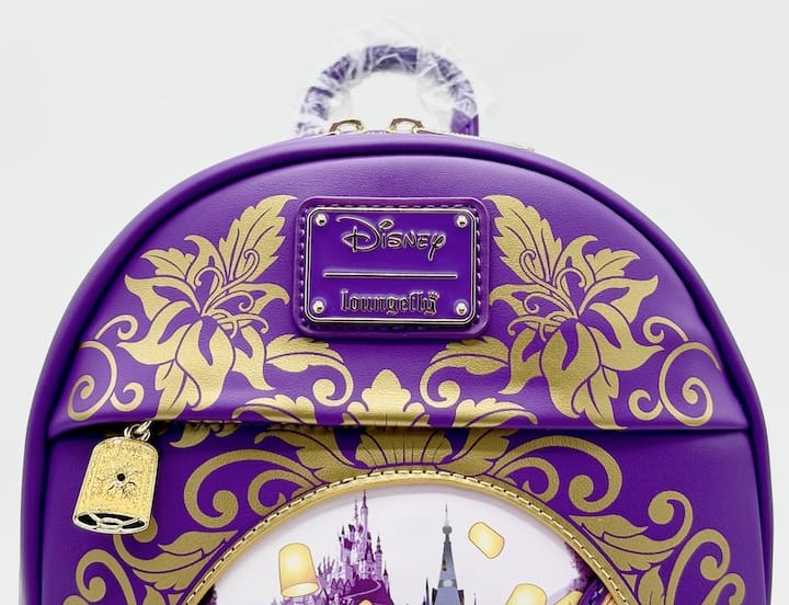 Loungefly Rapunzel Purple Gold Lantern Mini Backpack Disney Tangled Bag Front Enamel Logo