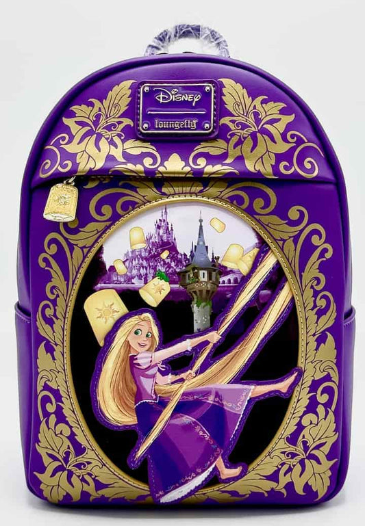 Loungefly Rapunzel Purple Gold Lantern Mini Backpack Disney Tangled Bag Front Full View