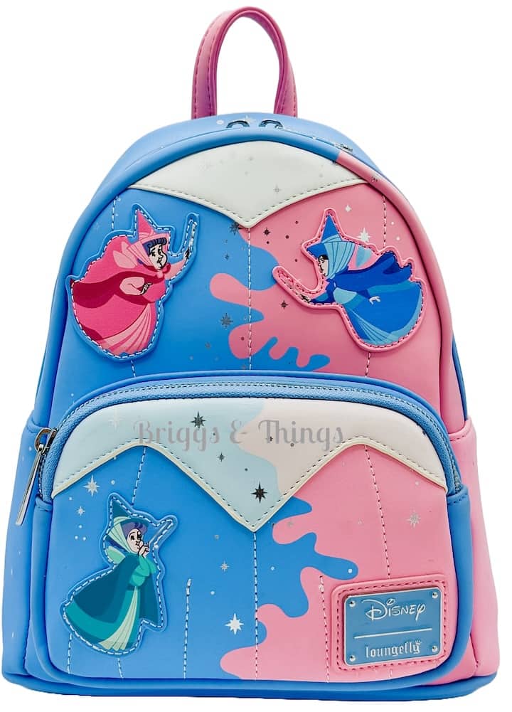 Loungefly Sleeping Beauty Backpack Make It Pink Blue Fairy Godmothers Front Full View